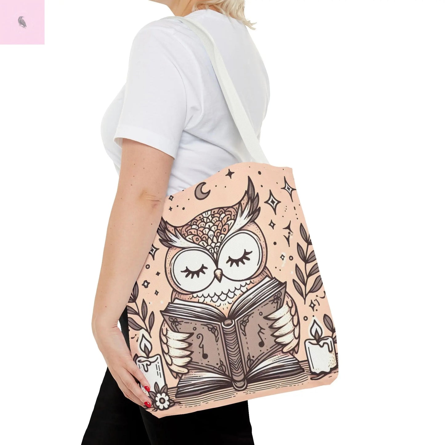 Reading lover Owl Tote Bag, Cute Animal Tote, Book Lover Gift, AOP Shopping Bag, Owl Art Bag, Eco-Friendly Carryall, gift for reader The flirty crow