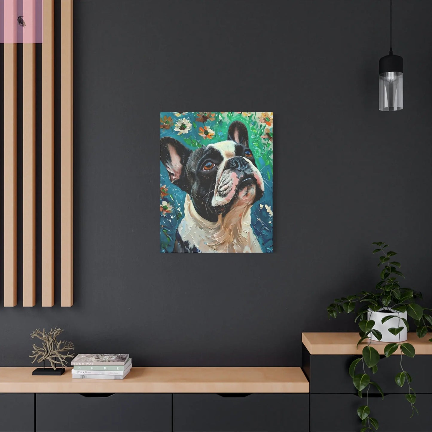 French Bulldog Canvas Art, Dog Lover Home Decor, Pet Portrait Wall Art, Floral Canvas Print, Gift for Dog Owners, French Bulldog gift The flirty crow