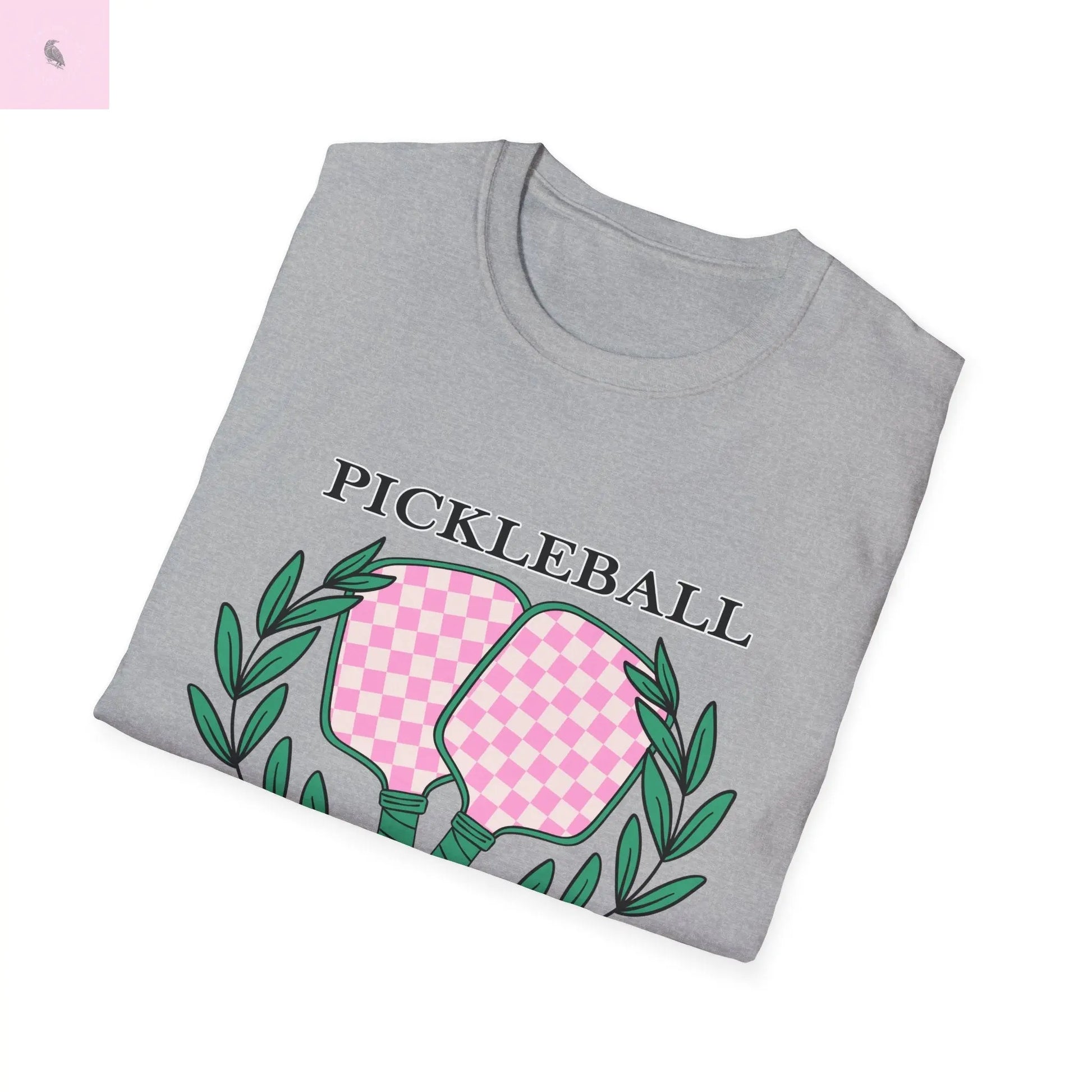 Pickleball women's tshirt. Pink & gray comfy & flattering cotton tee the flirty crow
