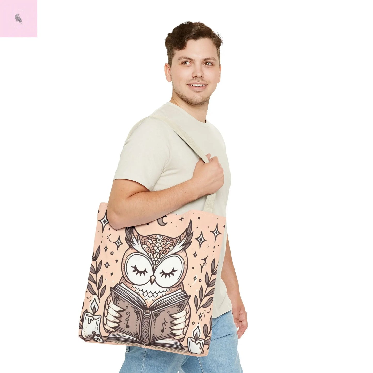 Reading lover Owl Tote Bag, Cute Animal Tote, Book Lover Gift, AOP Shopping Bag, Owl Art Bag, Eco-Friendly Carryall, gift for reader The flirty crow