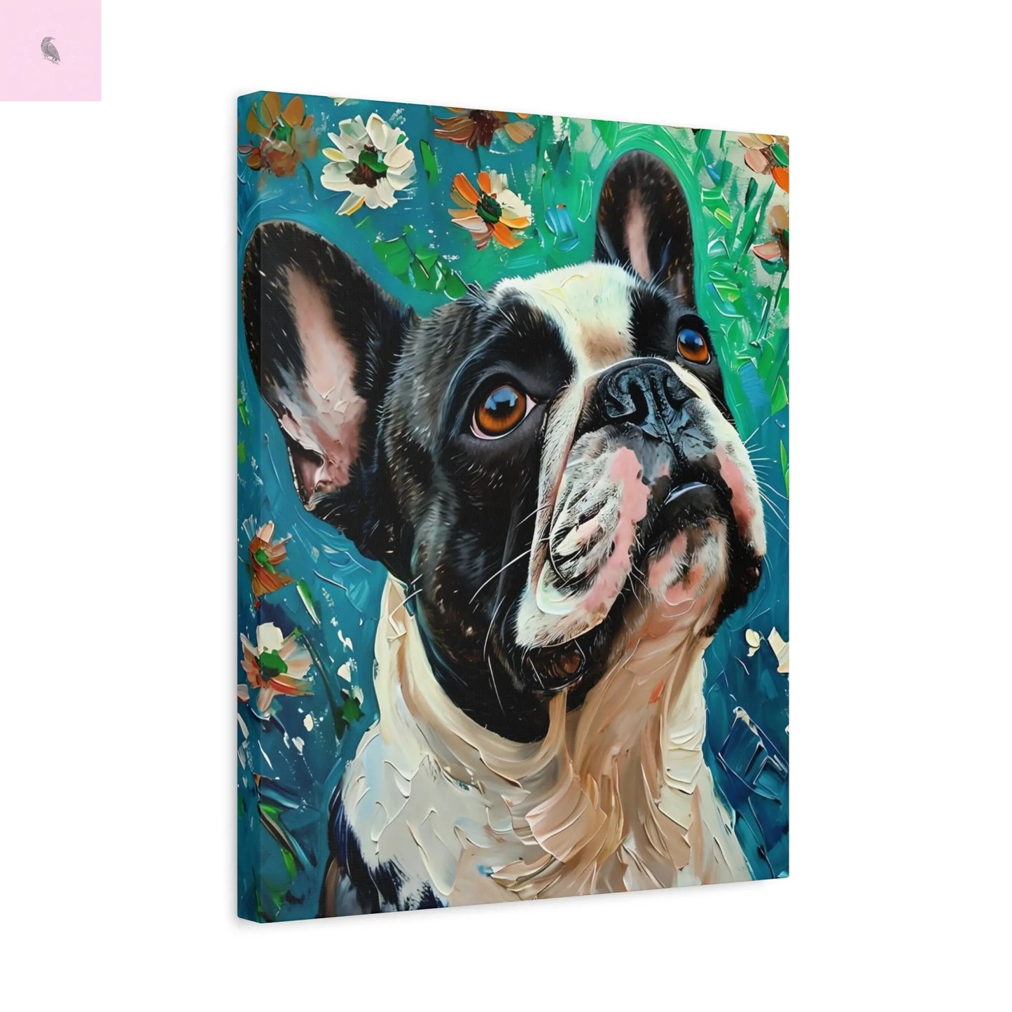 French Bulldog Canvas Art, Dog Lover Home Decor, Pet Portrait Wall Art, Floral Canvas Print, Gift for Dog Owners, French Bulldog gift The flirty crow