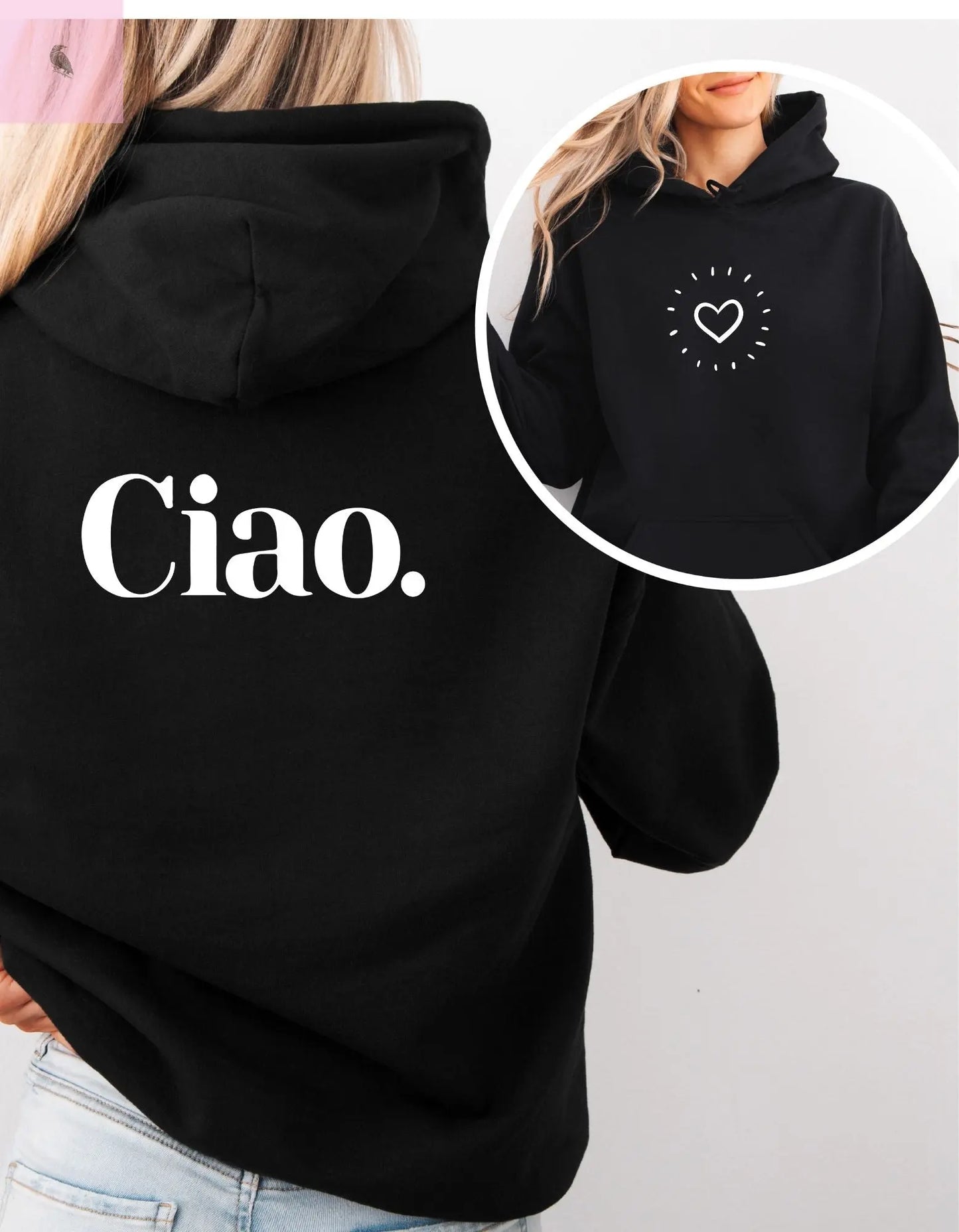 Chic Ciao Hooded Sweatshirt - Unisex Heavy Blend™ - Cozy Casual Wear The flirty crow