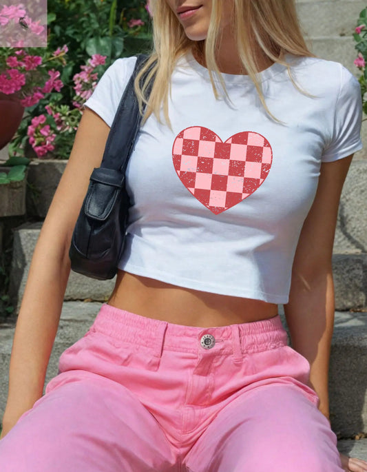 Checkered Heart Women's Baby Tee - Cute & Casual Love Shirt The flirty crow