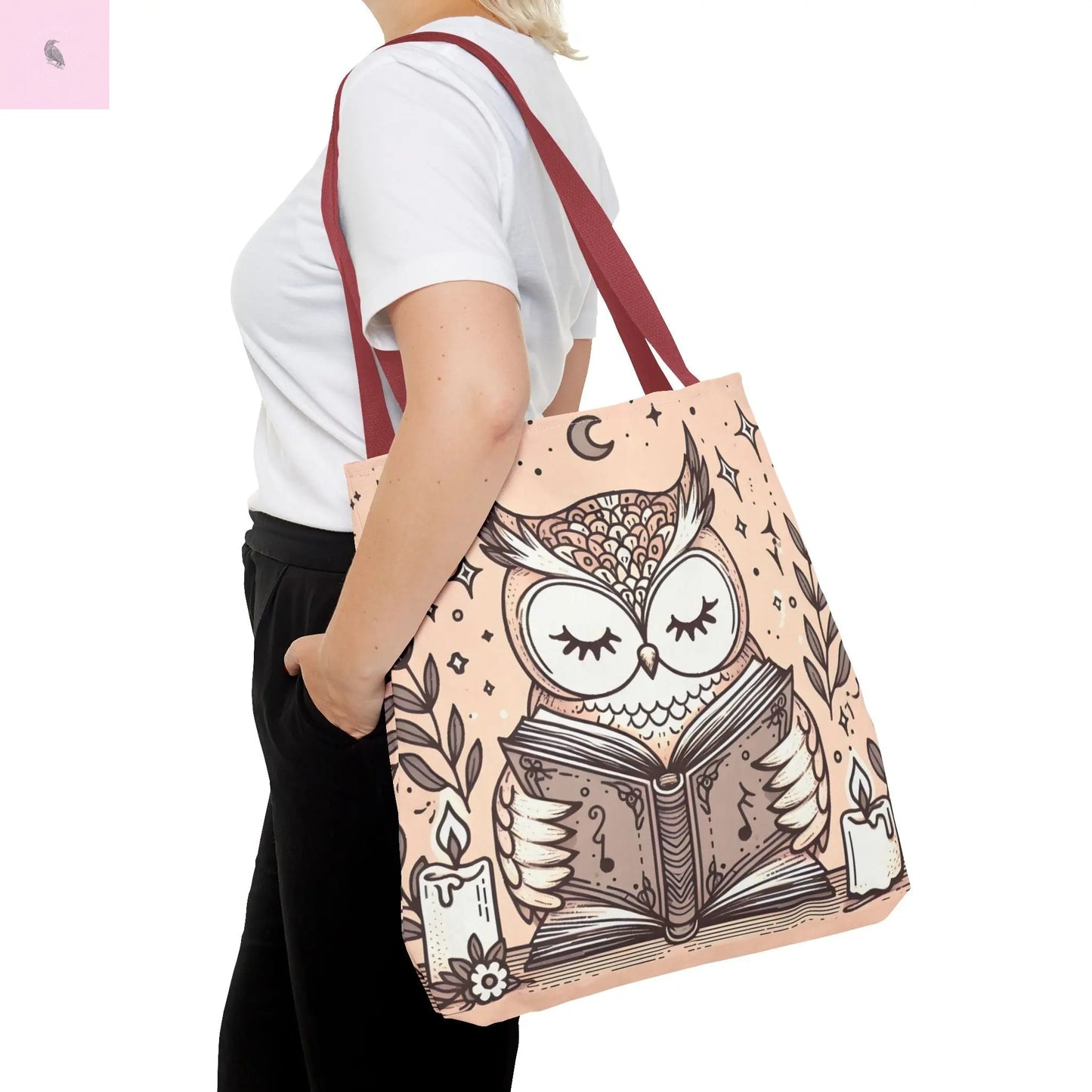Reading lover Owl Tote Bag, Cute Animal Tote, Book Lover Gift, AOP Shopping Bag, Owl Art Bag, Eco-Friendly Carryall, gift for reader The flirty crow