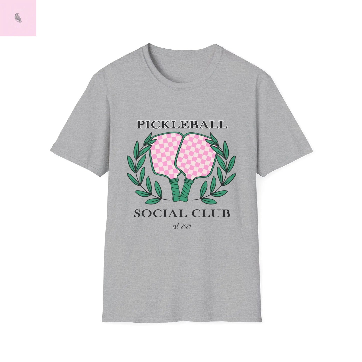 Pickleball women's tshirt. Pink & gray comfy & flattering cotton tee the flirty crow