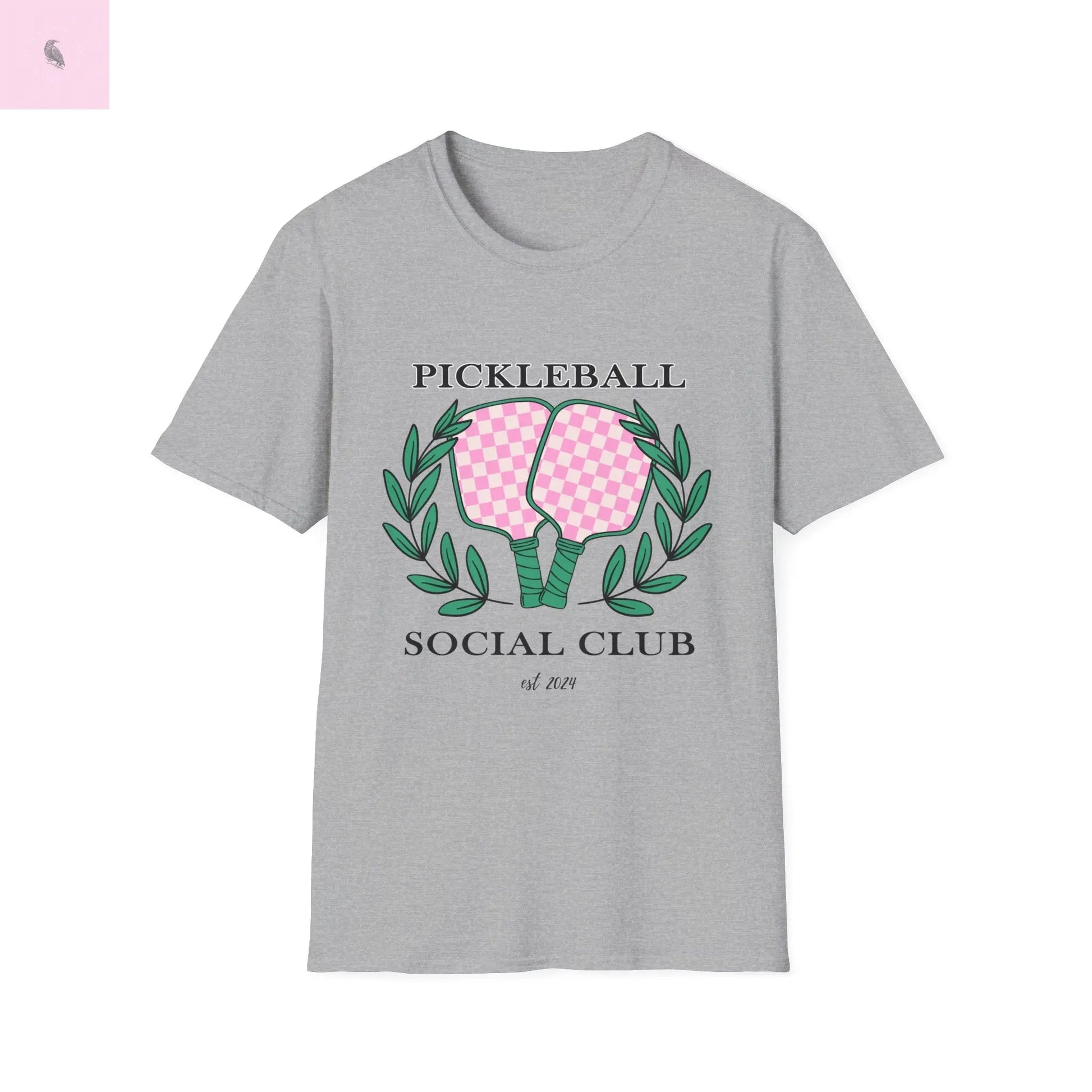 Pickleball women's tshirt. Pink & gray comfy & flattering cotton tee the flirty crow