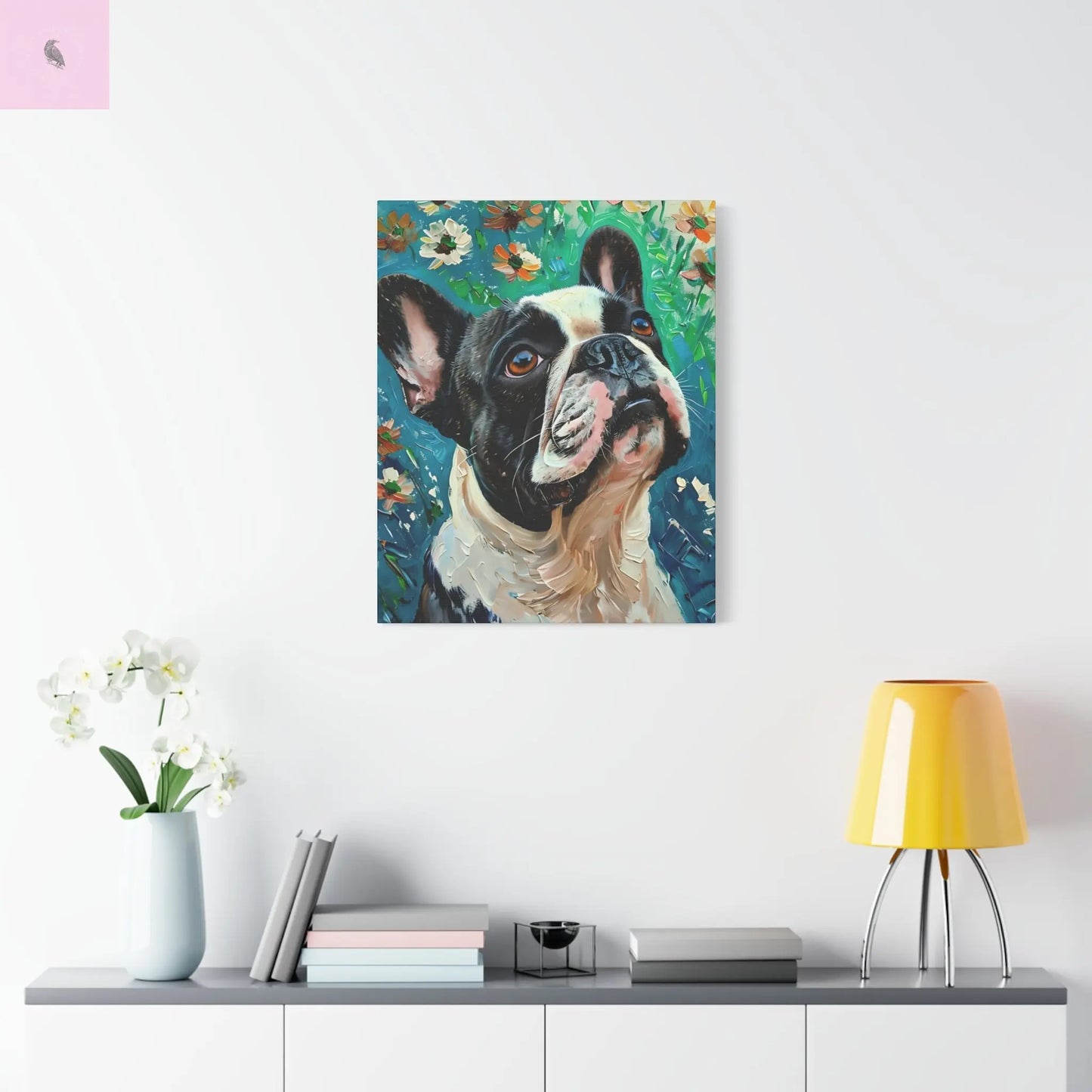 French Bulldog Canvas Art, Dog Lover Home Decor, Pet Portrait Wall Art, Floral Canvas Print, Gift for Dog Owners, French Bulldog gift The flirty crow