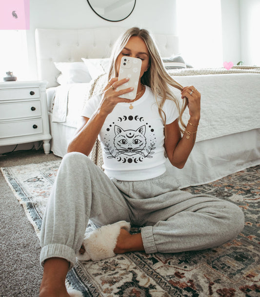 Mystical Cat Women's Baby Tee - Lunar Phases Design The flirty crow