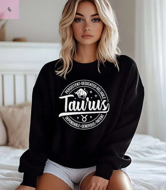 Taurus Astrology black Sweatshirt, Sun Signs Zodiac Gift, Gilden Quality, Trendy Fun Pullover crewneck  Birthday Present the flirty crow
