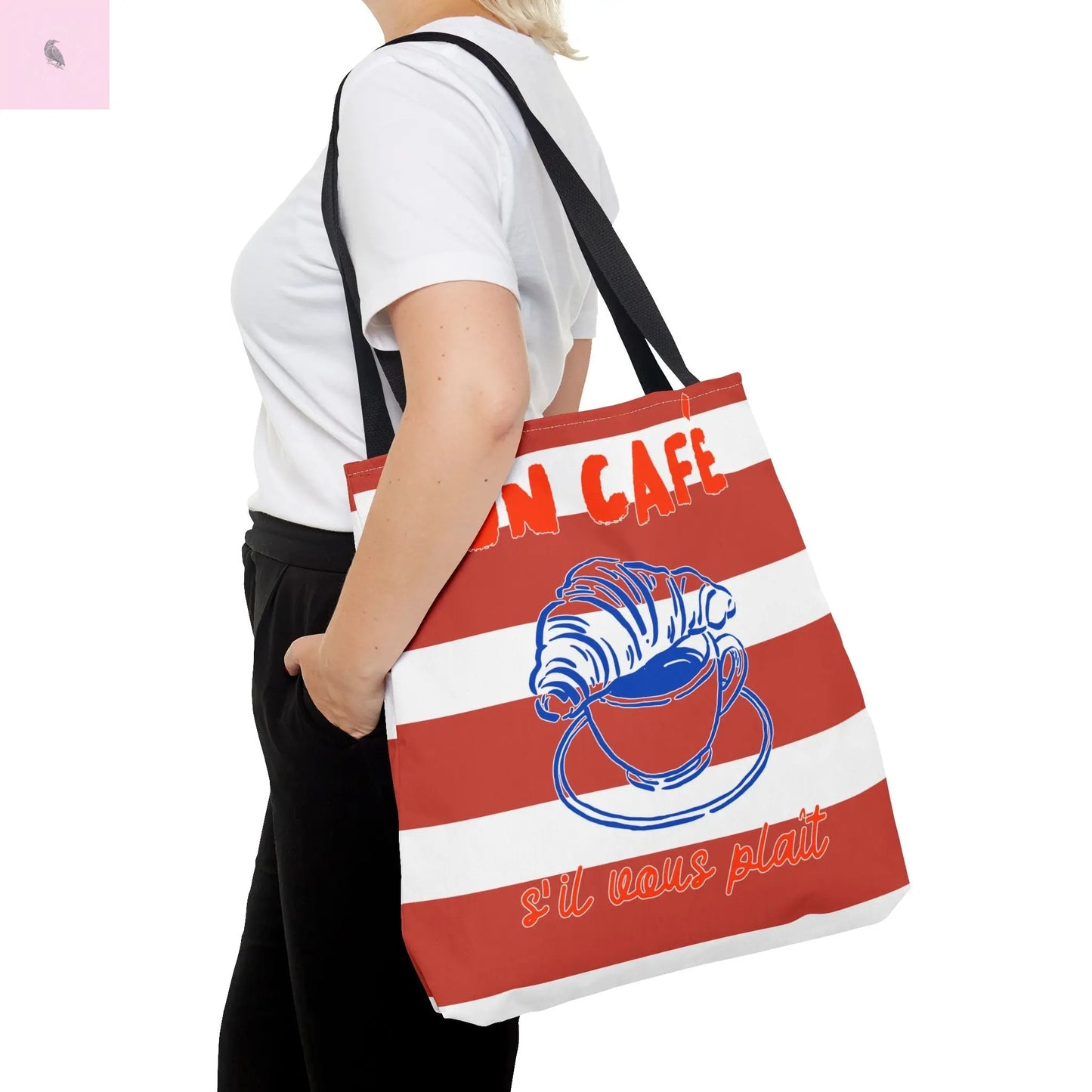 Café Tote Bag, Coffee Lover's bag, Croissant lover, Gift for her, Grocery tote, farmers market , Traveler gift, Artisan Design The flirty crow