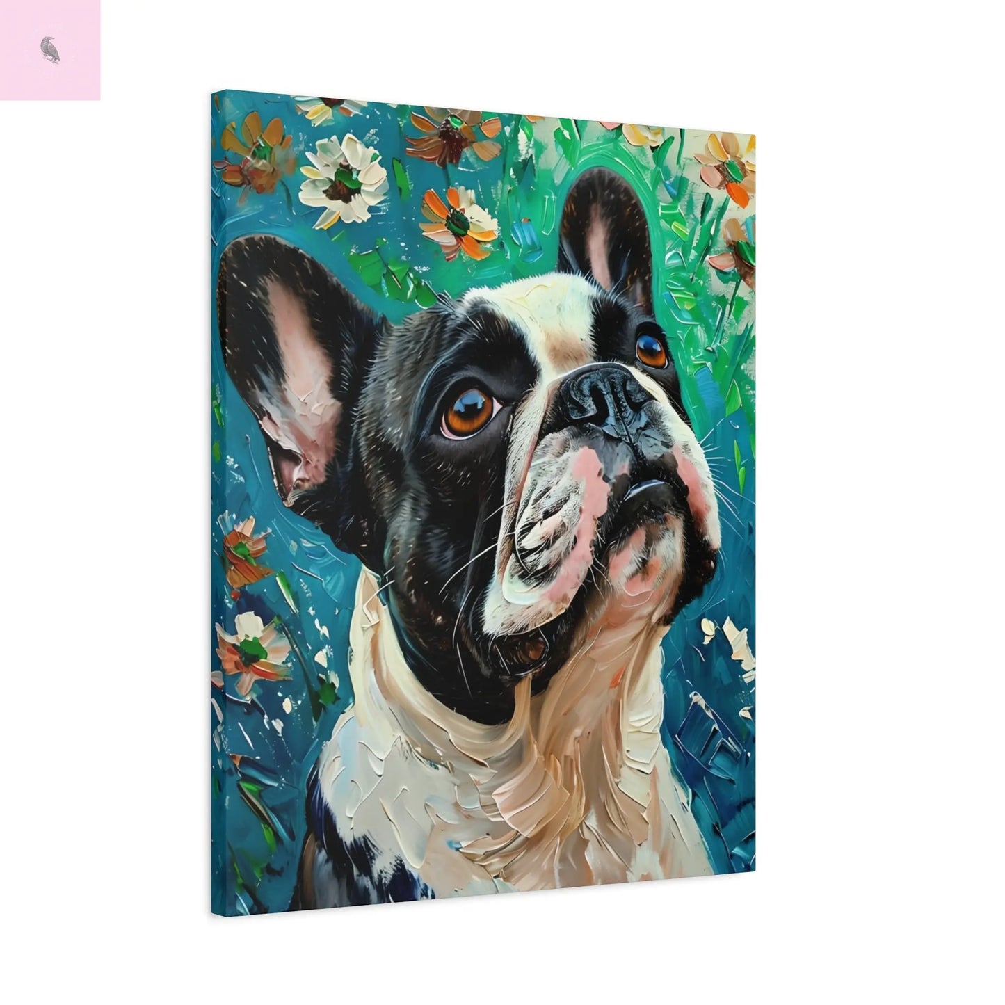 French Bulldog Canvas Art, Dog Lover Home Decor, Pet Portrait Wall Art, Floral Canvas Print, Gift for Dog Owners, French Bulldog gift The flirty crow