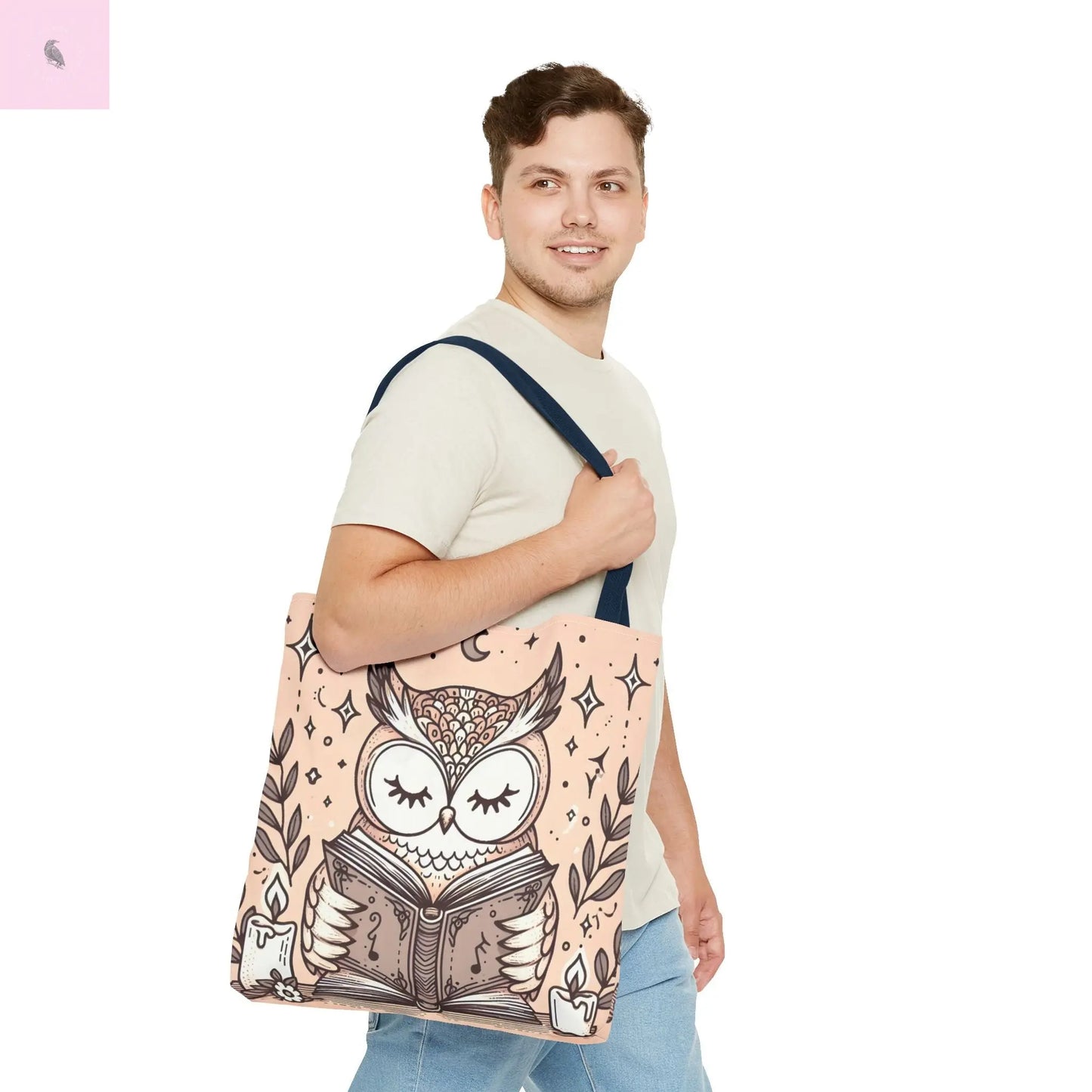 Reading lover Owl Tote Bag, Cute Animal Tote, Book Lover Gift, AOP Shopping Bag, Owl Art Bag, Eco-Friendly Carryall, gift for reader The flirty crow