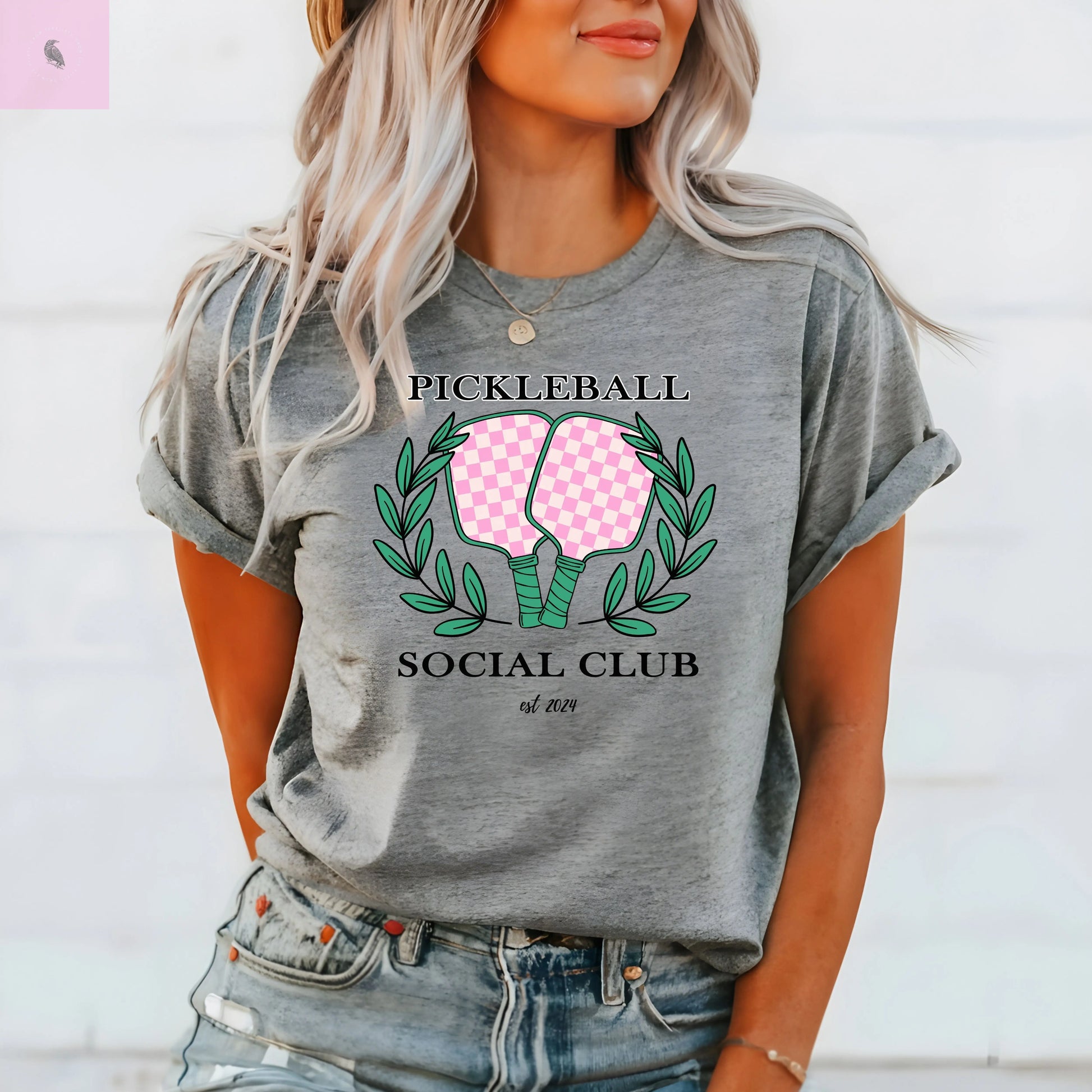 Pickleball women's tshirt. Pink & gray comfy & flattering cotton tee the flirty crow