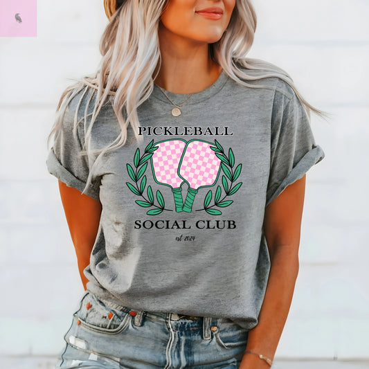 Pickleball women's tshirt. Pink & gray comfy & flattering cotton tee the flirty crow