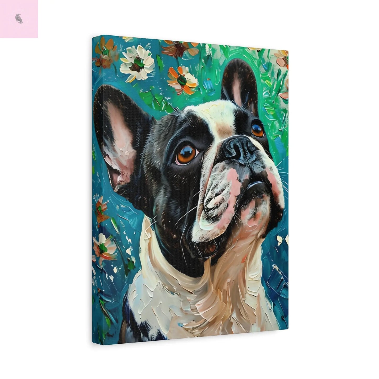 French Bulldog Canvas Art, Dog Lover Home Decor, Pet Portrait Wall Art, Floral Canvas Print, Gift for Dog Owners, French Bulldog gift The flirty crow