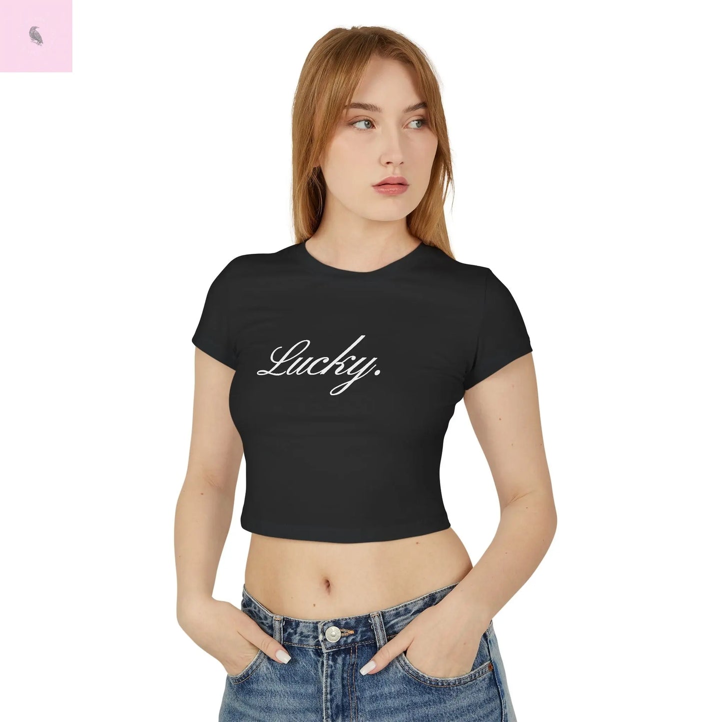 Cropped Baby Tee - Lucky Black Cotton Women's Shirt the flirty crow