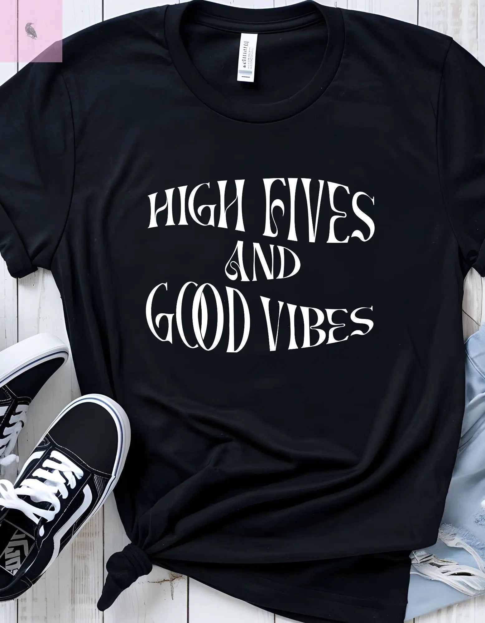 Groovy Retro Unisex T-Shirt - High Fives and Good Vibes Black Tee the flirty crow