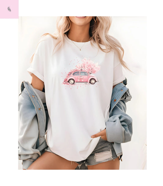 Vintage Car Floral T-Shirt, Unisex Tee, Casual Wear, Gift for Her, Spring Fashion, Boho Style, coquette design Printify