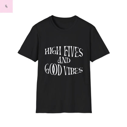 Groovy Retro Unisex T-Shirt - High Fives and Good Vibes Black Tee the flirty crow