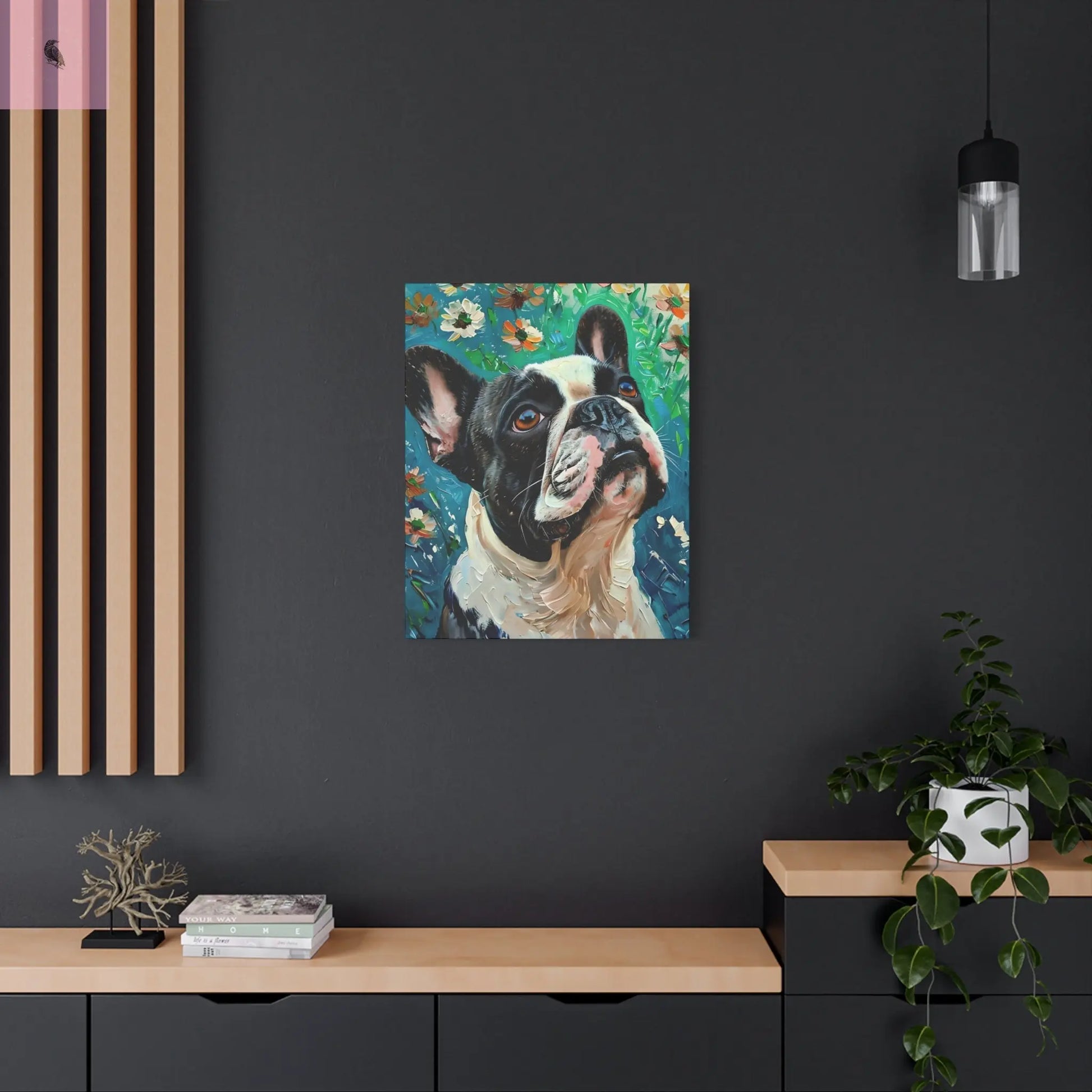 French Bulldog Canvas Art, Dog Lover Home Decor, Pet Portrait Wall Art, Floral Canvas Print, Gift for Dog Owners, French Bulldog gift The flirty crow
