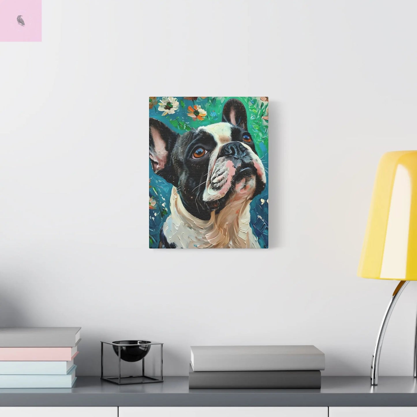 French Bulldog Canvas Art, Dog Lover Home Decor, Pet Portrait Wall Art, Floral Canvas Print, Gift for Dog Owners, French Bulldog gift The flirty crow
