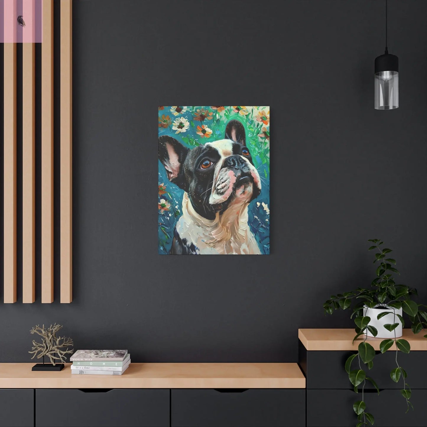 French Bulldog Canvas Art, Dog Lover Home Decor, Pet Portrait Wall Art, Floral Canvas Print, Gift for Dog Owners, French Bulldog gift The flirty crow