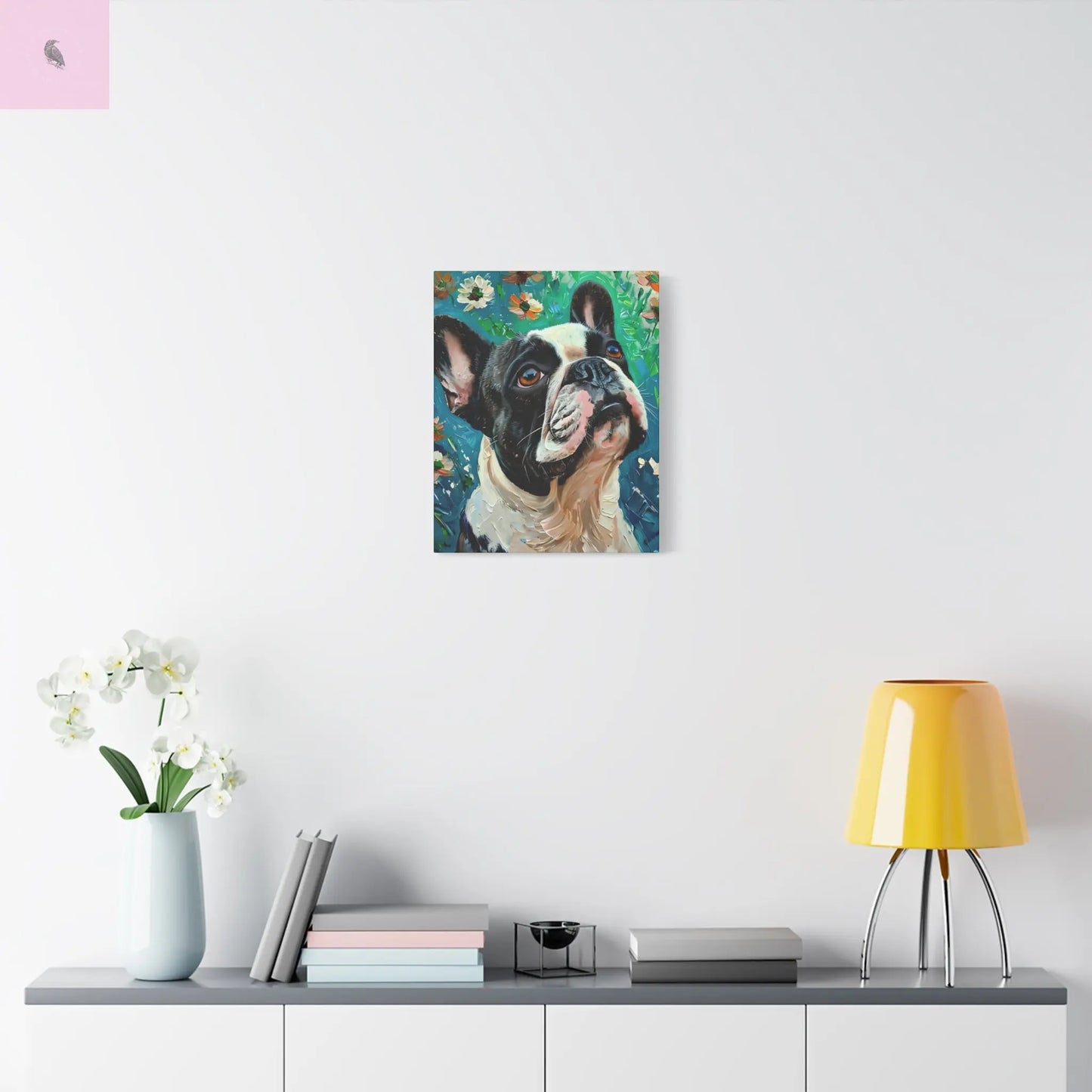 French Bulldog Canvas Art, Dog Lover Home Decor, Pet Portrait Wall Art, Floral Canvas Print, Gift for Dog Owners, French Bulldog gift The flirty crow