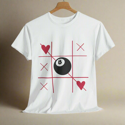 Unisex eightball tshirt, trendy, quality cotton, pool player, tic tac toe love, 8 ball graphic tshirt. the flirty crow