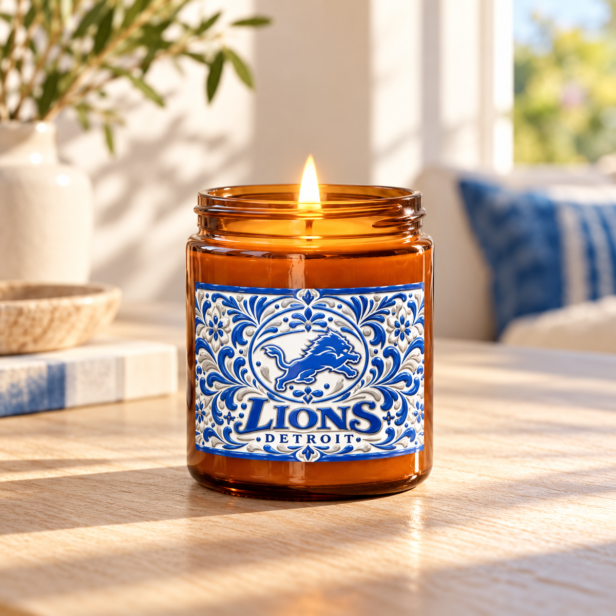 An amber glass jar candle with a lit flame sits on a wooden table in a sunlit room. The jar has a decorative blue and white label reading 'Lions Detroit' with a lion graphic.