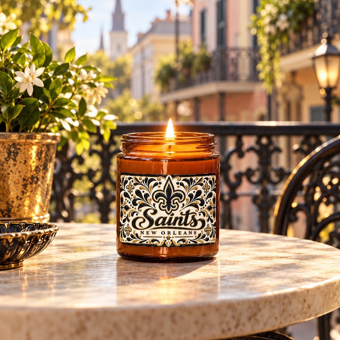 An amber glass jar candle with a lit flame sits on a round stone table in an outdoor balcony setting. The label reads 'Saints New Orleans' with an ornate black-and-white pattern.