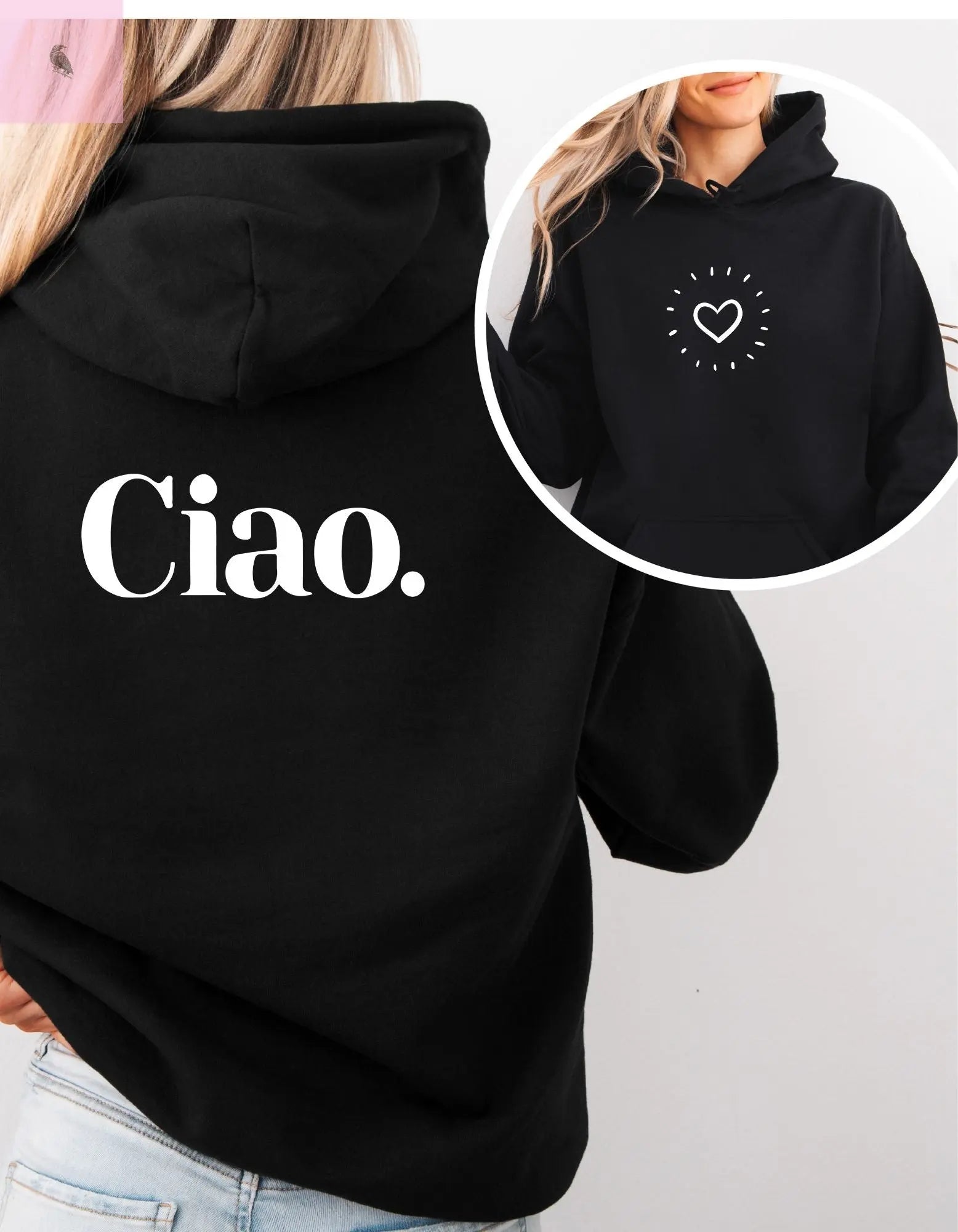 Chic Ciao Hooded Sweatshirt - Unisex Heavy Blend™ - Cozy Casual Wear The flirty crow