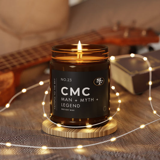 49er Fan Scented Soy Candle , 'CMC Christian McCaffrey' Amber  glass Jar home fragrance Printify