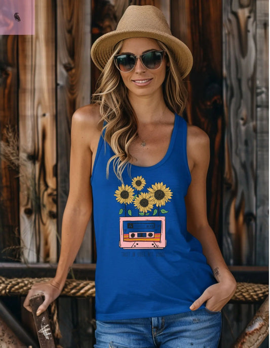 Women's cute sunflower Racerback Tank retro style sunflower women tank top the flirty crow