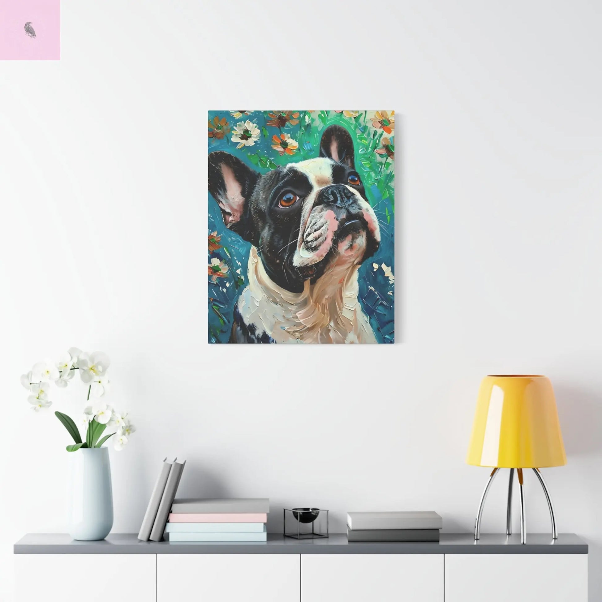 French Bulldog Canvas Art, Dog Lover Home Decor, Pet Portrait Wall Art, Floral Canvas Print, Gift for Dog Owners, French Bulldog gift The flirty crow