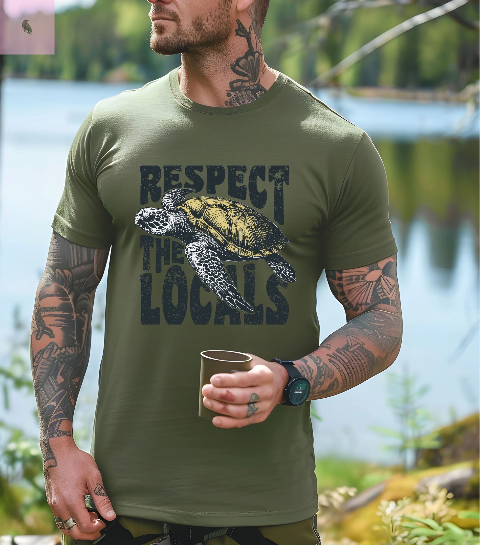 Respect the locals sea turtle tee. Quality men's olive green cotton T-Shirt. the flirty crow