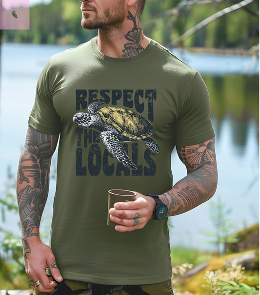Respect the locals sea turtle tee. Quality men's olive green cotton T-Shirt. the flirty crow