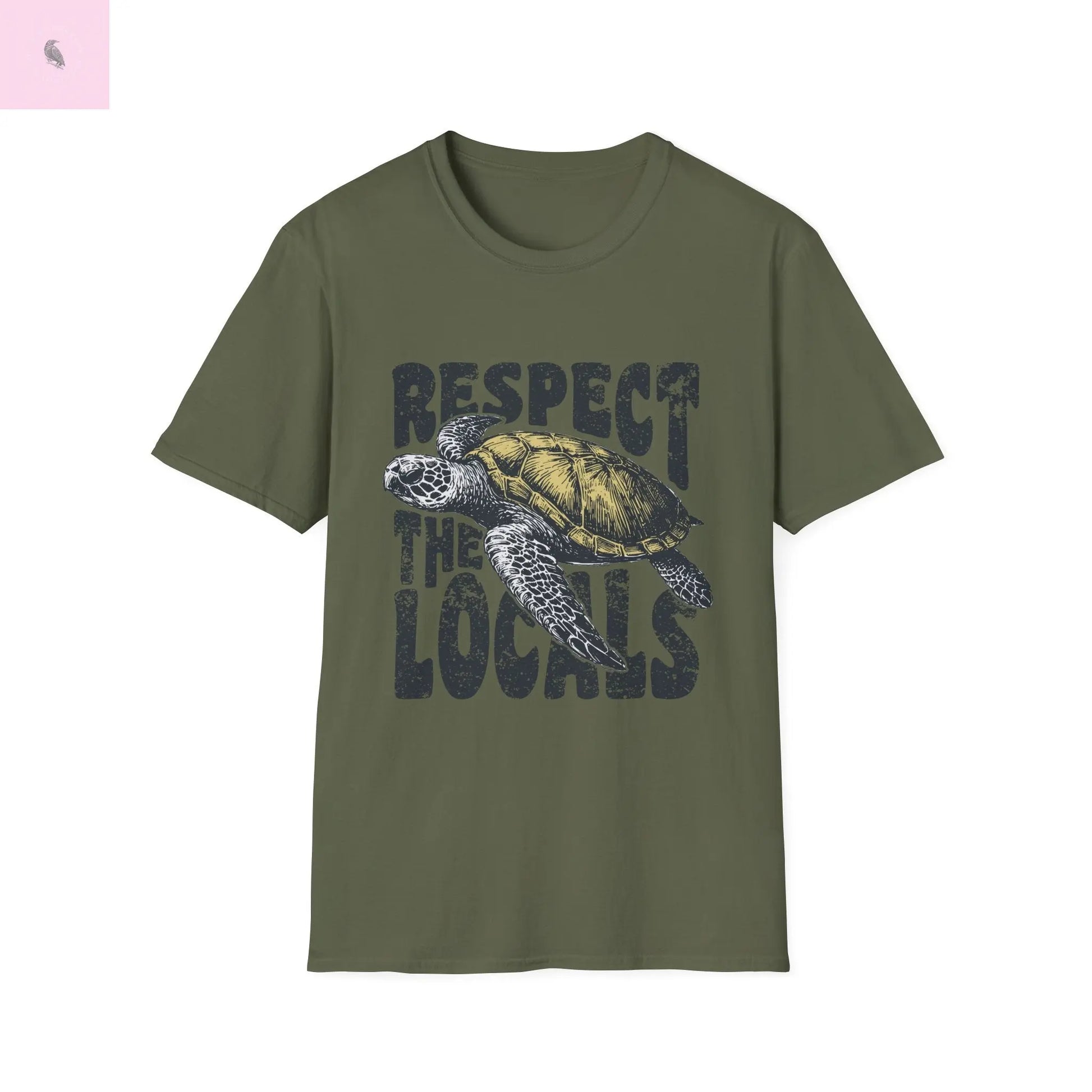 Respect the locals sea turtle tee. Quality men's olive green cotton T-Shirt. the flirty crow