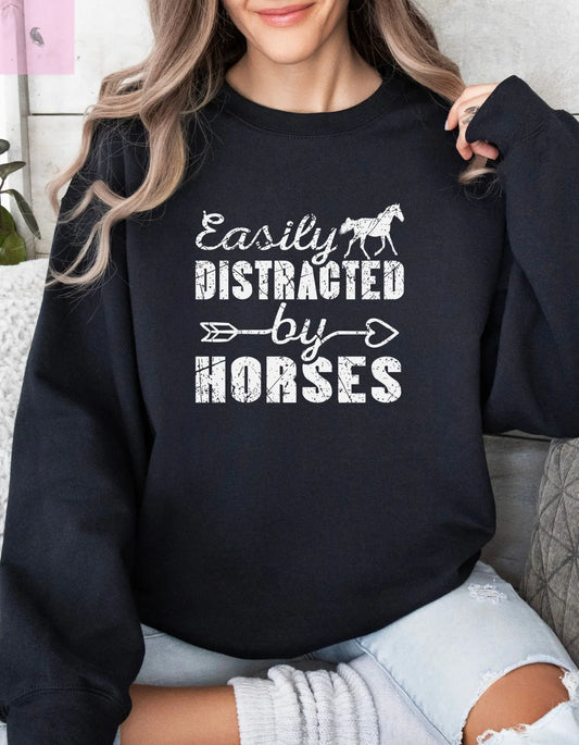 Horse Lover Crewneck Sweatshirt - Easily Distracted Design the flirty crow