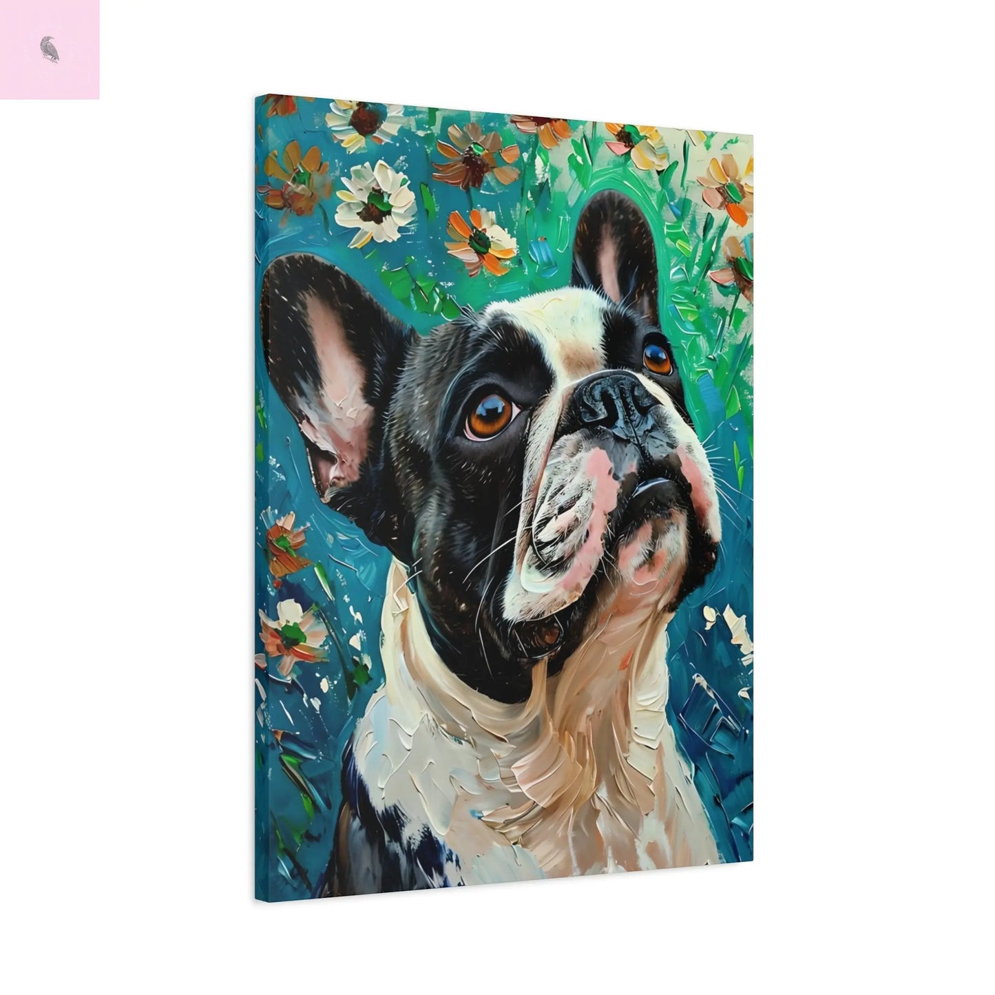 French Bulldog Canvas Art, Dog Lover Home Decor, Pet Portrait Wall Art, Floral Canvas Print, Gift for Dog Owners, French Bulldog gift The flirty crow