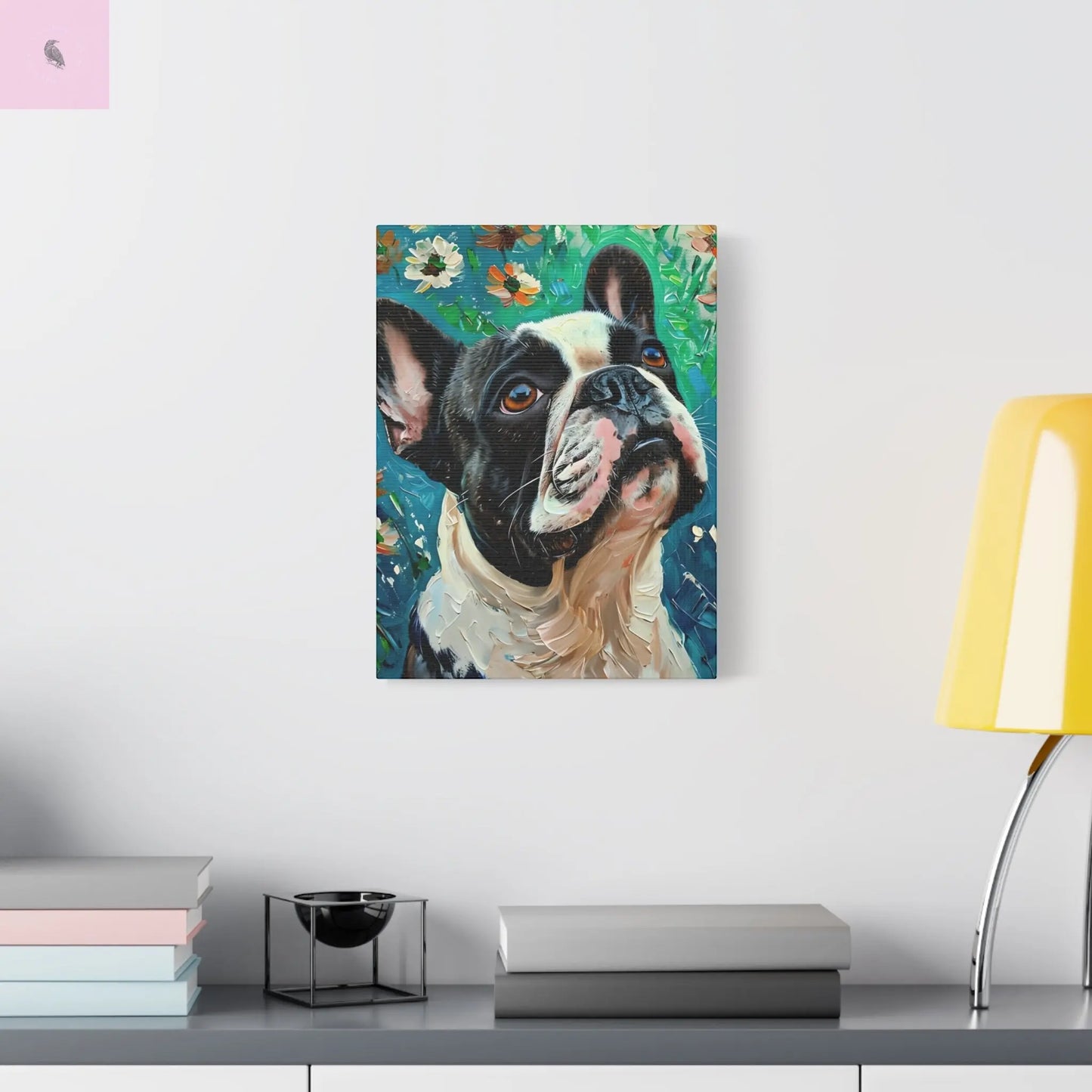 French Bulldog Canvas Art, Dog Lover Home Decor, Pet Portrait Wall Art, Floral Canvas Print, Gift for Dog Owners, French Bulldog gift The flirty crow