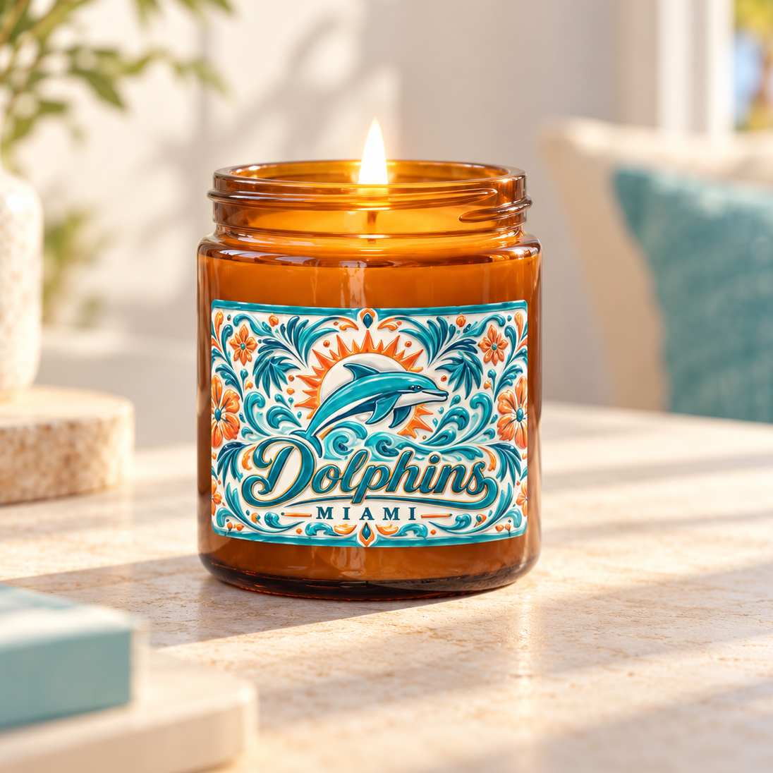 An amber glass jar candle with a lit wick sits on a sunlit beige tabletop. The jar has a decorative front label featuring a blue dolphin and the words "Dolphins Miami" in teal and orange.