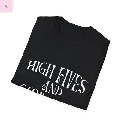 Groovy Retro Unisex T-Shirt - High Fives and Good Vibes Black Tee the flirty crow