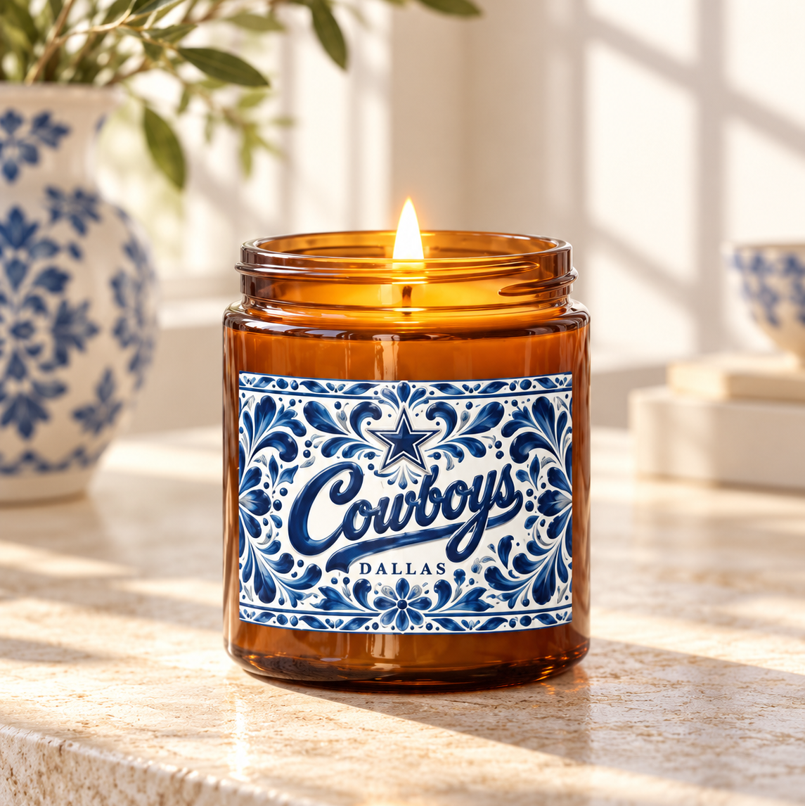 An amber glass jar candle with a lit flame sits on a light stone countertop. The jar has a decorative blue and white label reading 'Cowboys Dallas' with an ornate pattern and star motif.