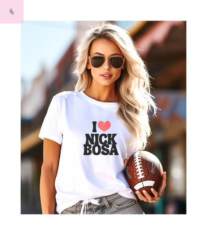 I Love Nick Bosa Unisex Cotton Crew Tee, Gift for 49er football  Fans,  sporty tshirt, Casual Wear, Game Day, Team Spirit The flirty crow