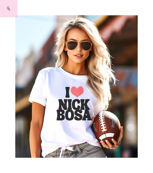 I Love Nick Bosa Unisex Cotton Crew Tee, Gift for 49er football  Fans,  sporty tshirt, Casual Wear, Game Day, Team Spirit The flirty crow