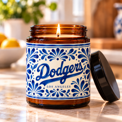 Los Angeles Dodgers Soy Candle, Blue floral Pottery candle