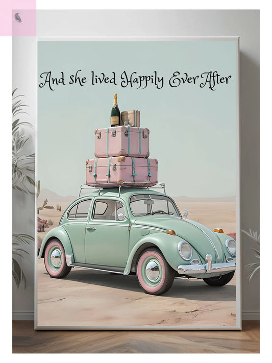 Happily Ever After Canvas Art, Vintage Car Wall Decor, Home Decor,Travel Theme, Bohemian Decor, moving away gift The flirty crow