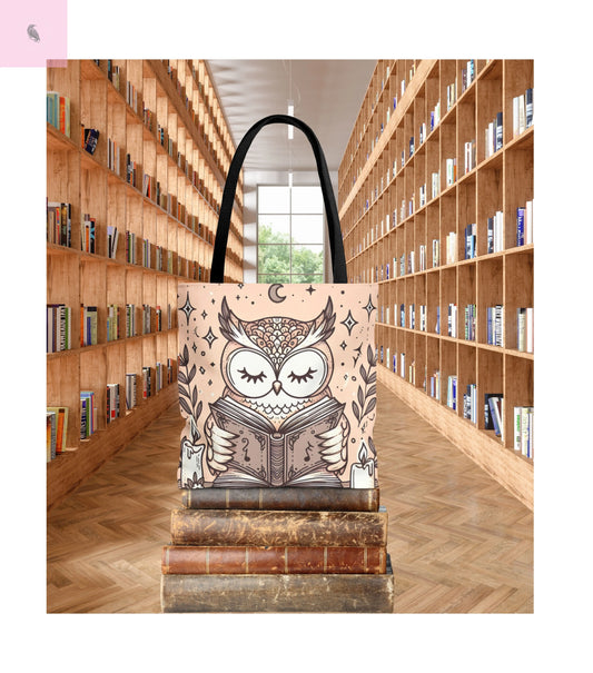 Reading lover  Owl Tote Bag, Cute Animal Tote, Book Lover Gift, AOP Shopping Bag, Owl Art Bag, Eco-Friendly Carryall, gift for reader The flirty crow