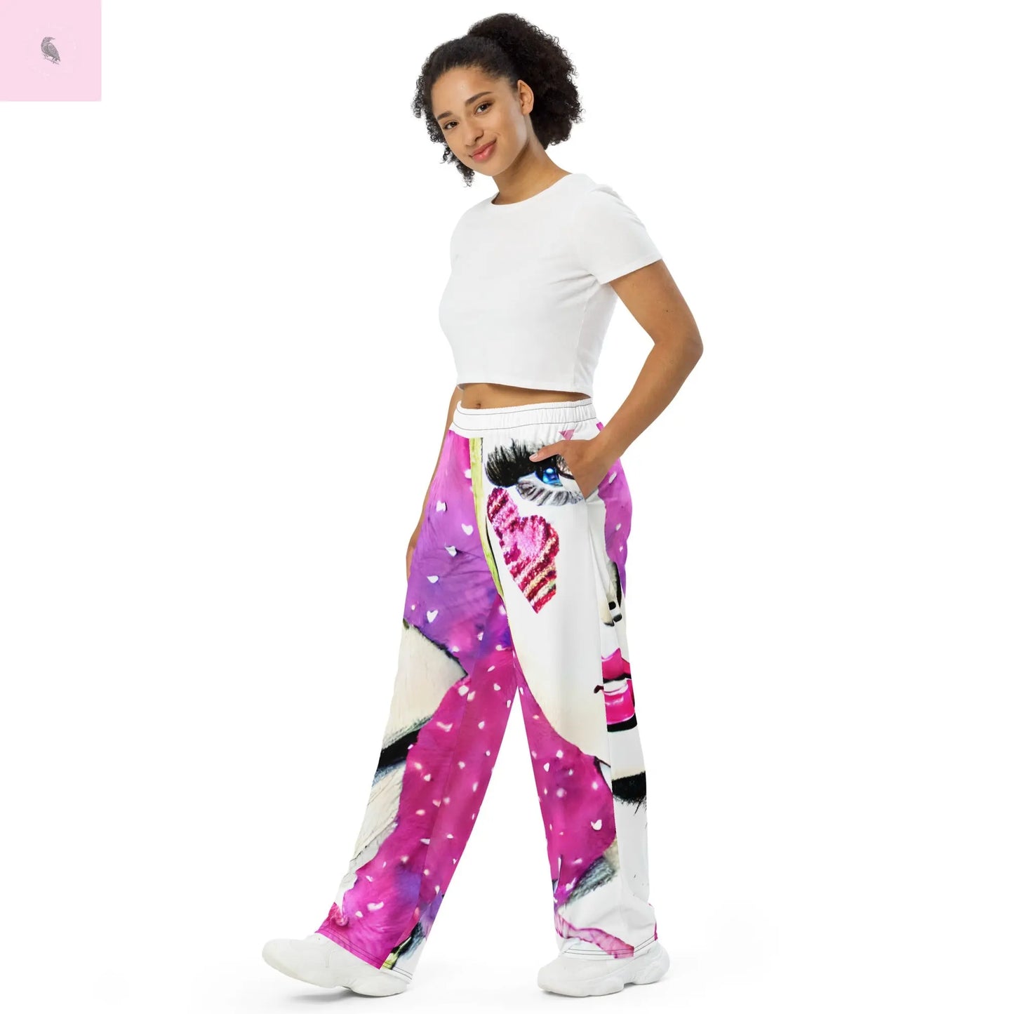 Hand drawn All-over print pop culture unisex wide-leg pants The flirty crow